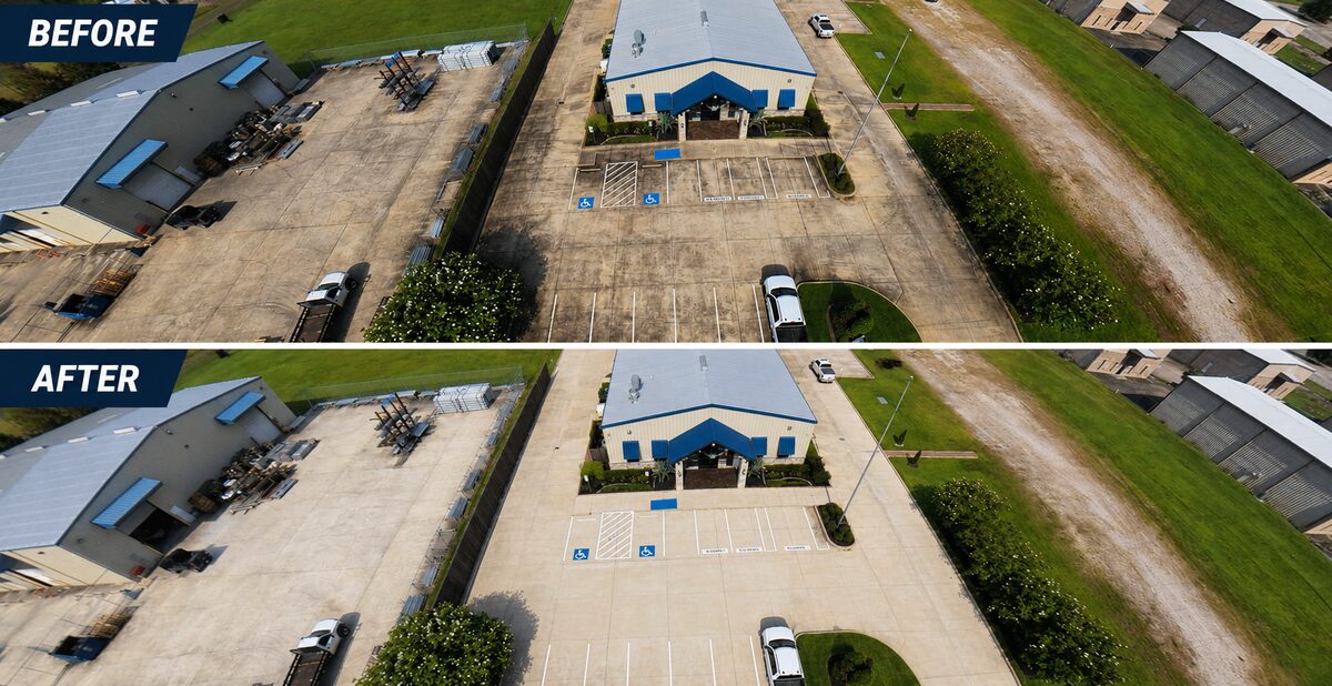 Commercial parking lot pressure washing before and after in Austin